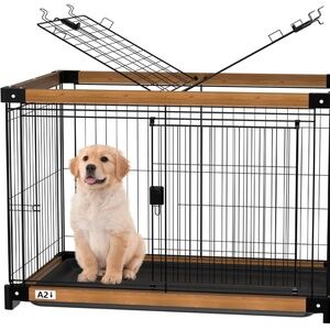Wood Dog Crate Cage Removable Cleaning Tray Kennel Double Doors 37"x 27"x 27"